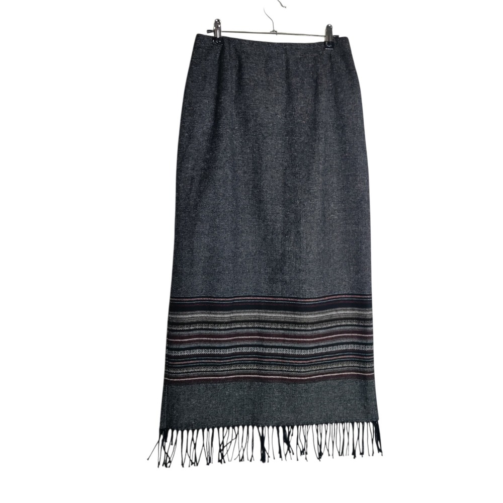 Sarah B Studio Gray Wool Blend Fringe Maxi Skirt Southwestern Striped Size 6